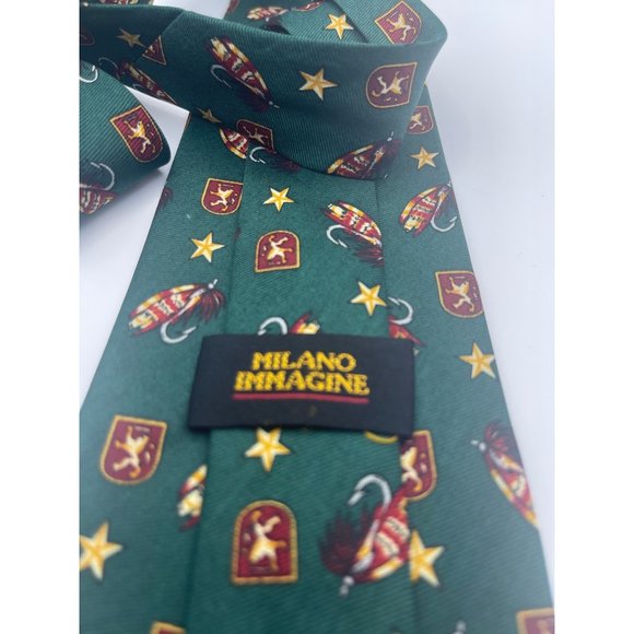 Milano Immagine Neck Tie Green Red 100% Italian Silk Stars Crests Fishing Lures - Picture 4 of 5